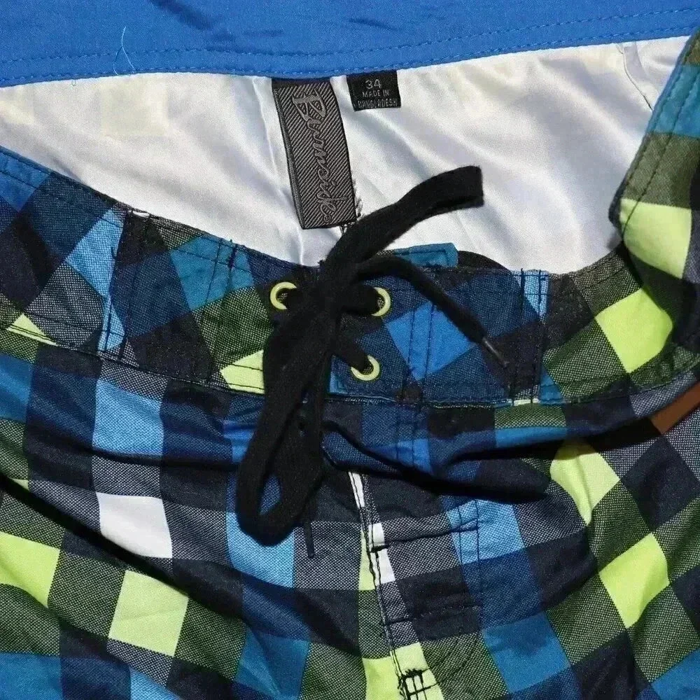 Burnside Blue Lime Green Checkered Swim Trunks Size 34 Summer Beach Board Shorts